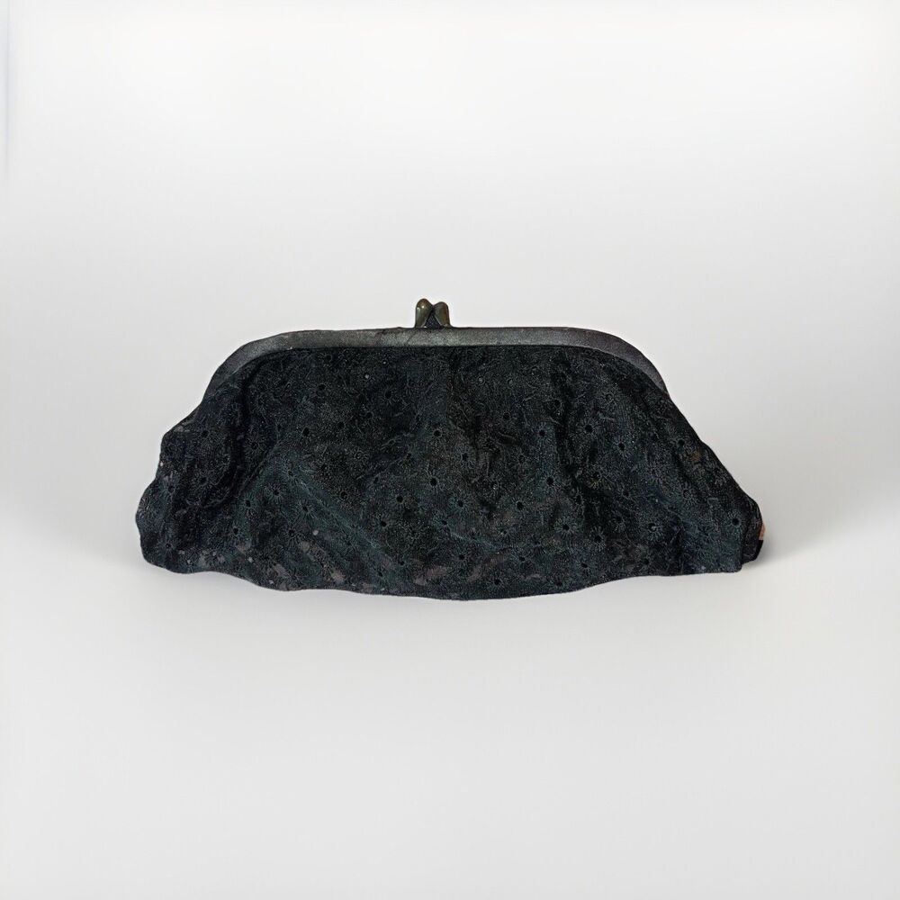 Vintage Black Coin Purse AJF Kiss Lock Embroidered Satin Lining 1950s Style